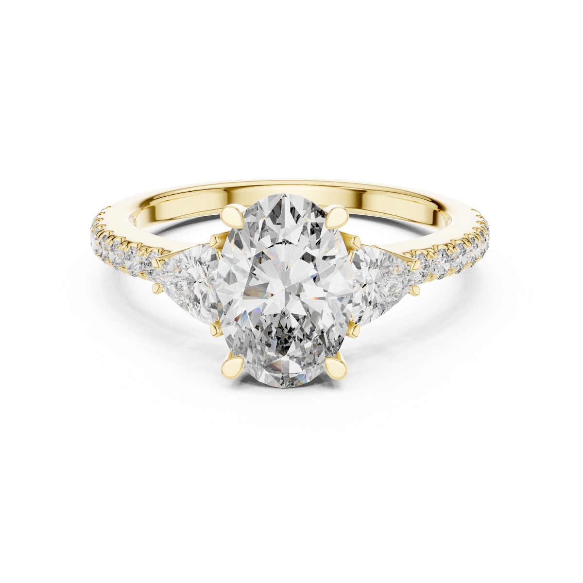 2.00 CT Oval Lab Grown Diamond Trillion Side Stone Ring, Yellow Gold