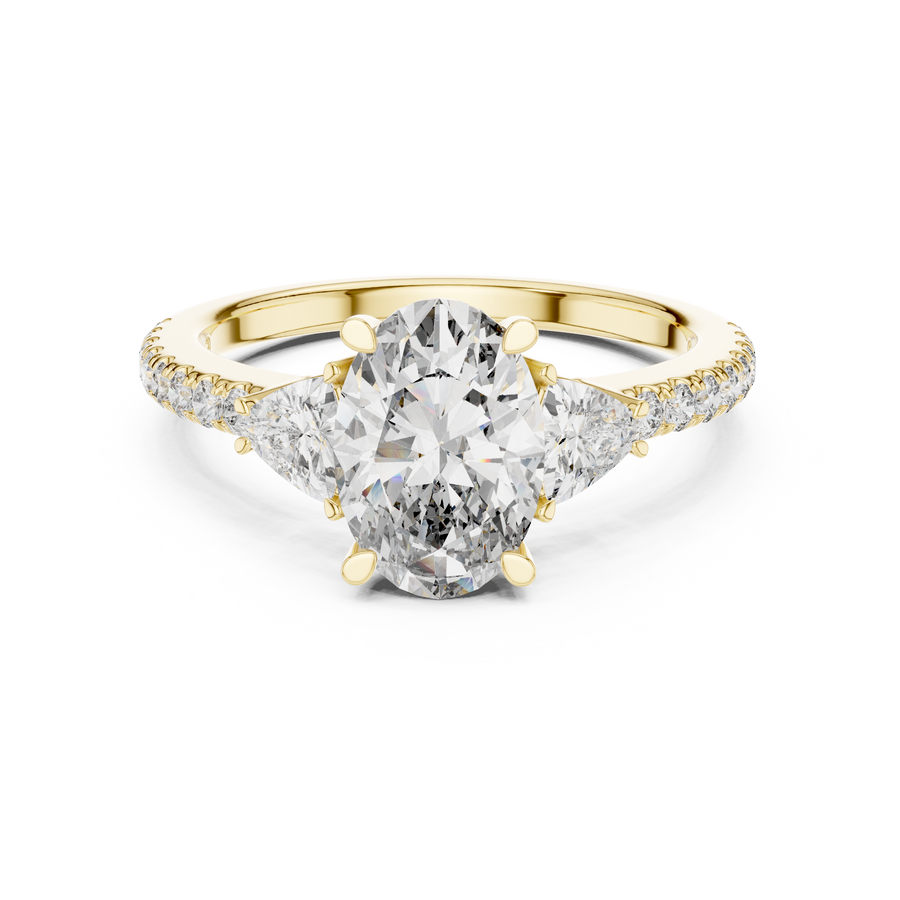 2.00 CT Oval Lab Grown Diamond Trillion Side Stone Ring, Yellow Gold