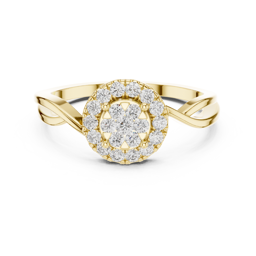 Round Cut Lab Grown Diamond Cluster Halo Ring with Twisted Pavé Band, Yellow Gold