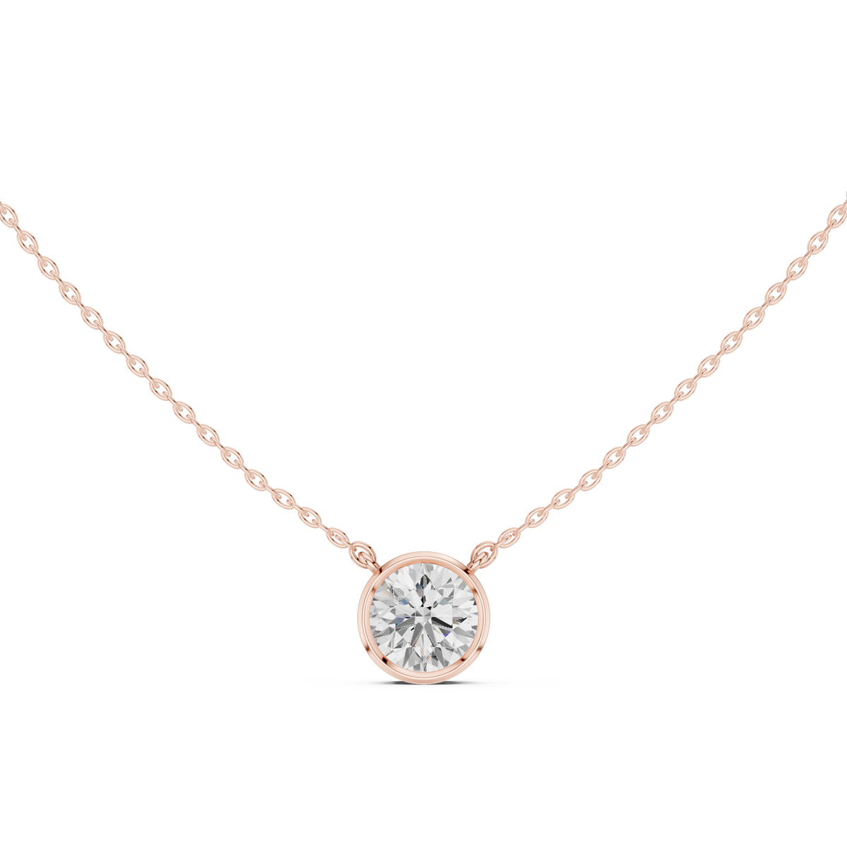 Round Brilliant Bezel Lab Grown Diamond Solitaire Pendant, Rose Gold