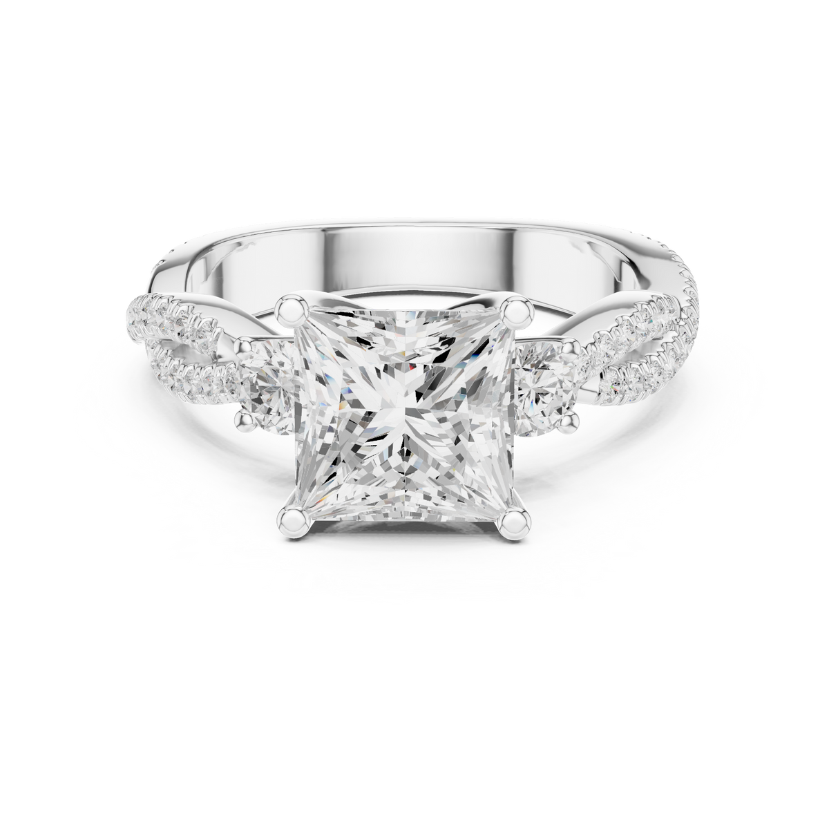 Princess Cut Lab-Grown Diamond 3 Stone Proposal Ring with Twisted Pavé Band, White Gold