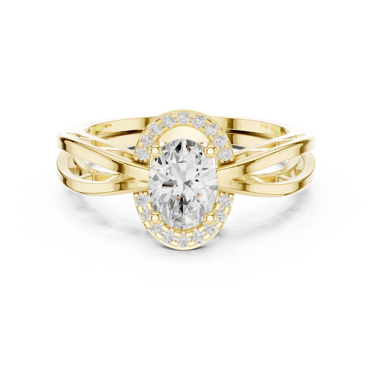 Oval Cut Lab Grown Diamond Halo Ring with Intricate Split Band, Yellow Gold