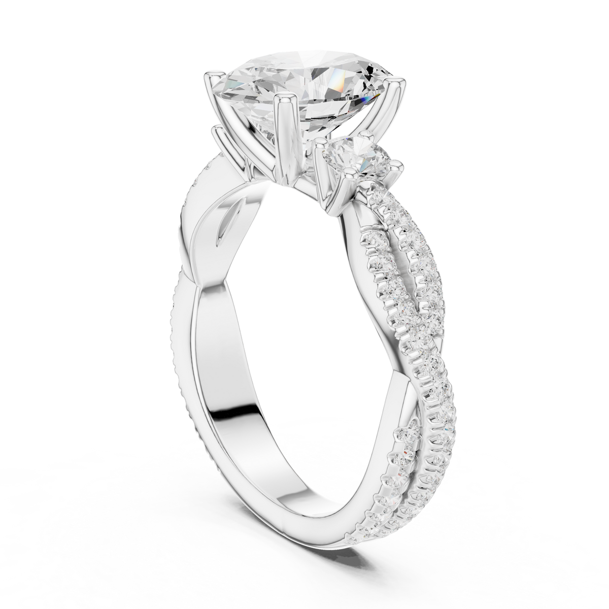 Oval Cut Lab-Grown Diamond 3 Stone Proposal Ring with Twisted Pavé Band, White Gold