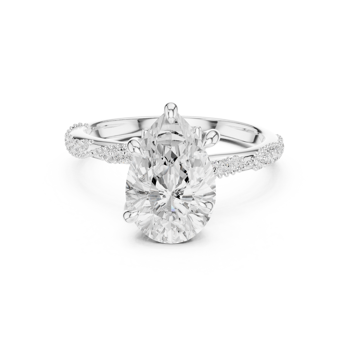 Pear Cut Lab-Grown Diamond Ring With Milgrain Pavé Split-Shank Band, White Gold