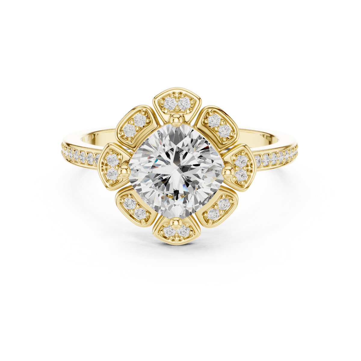 1.50 CT Round Brilliant Lab-Grown Diamond Floral Halo Ring with Pavé Band, Yellow Gold
