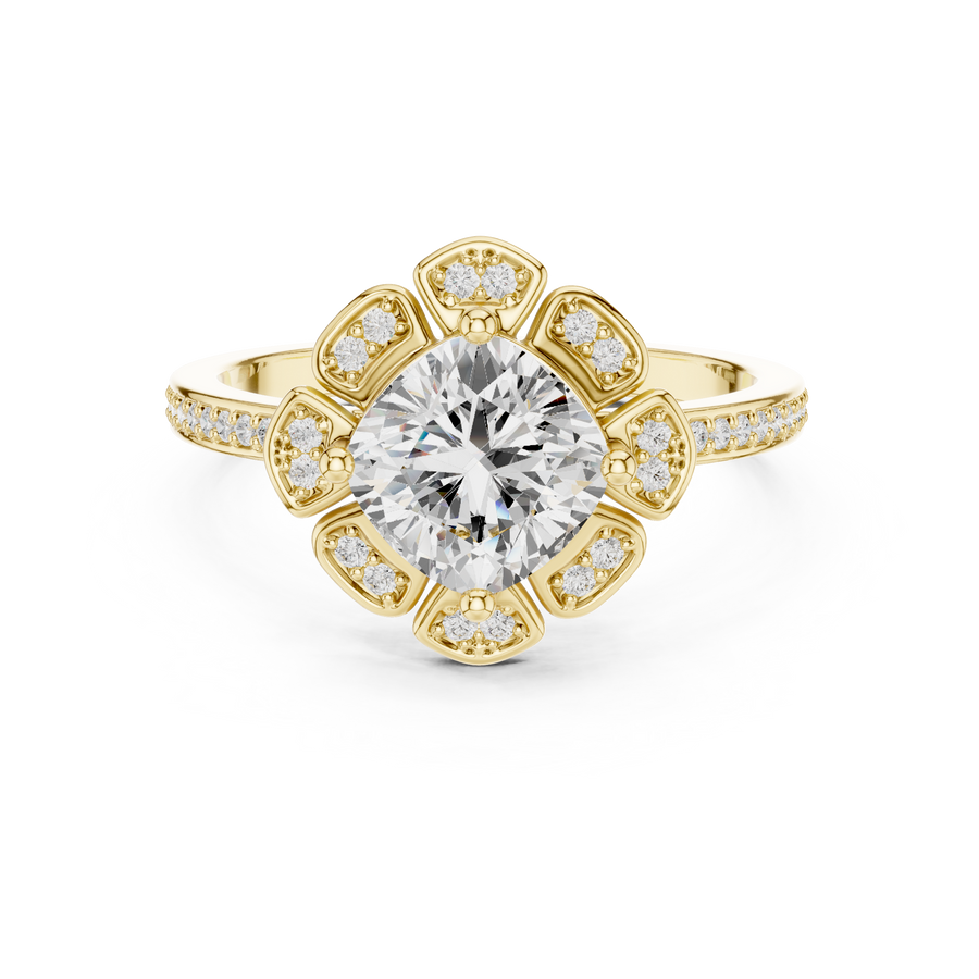 1.50 CT Round Brilliant Lab-Grown Diamond Floral Halo Ring with Pavé Band, Yellow Gold