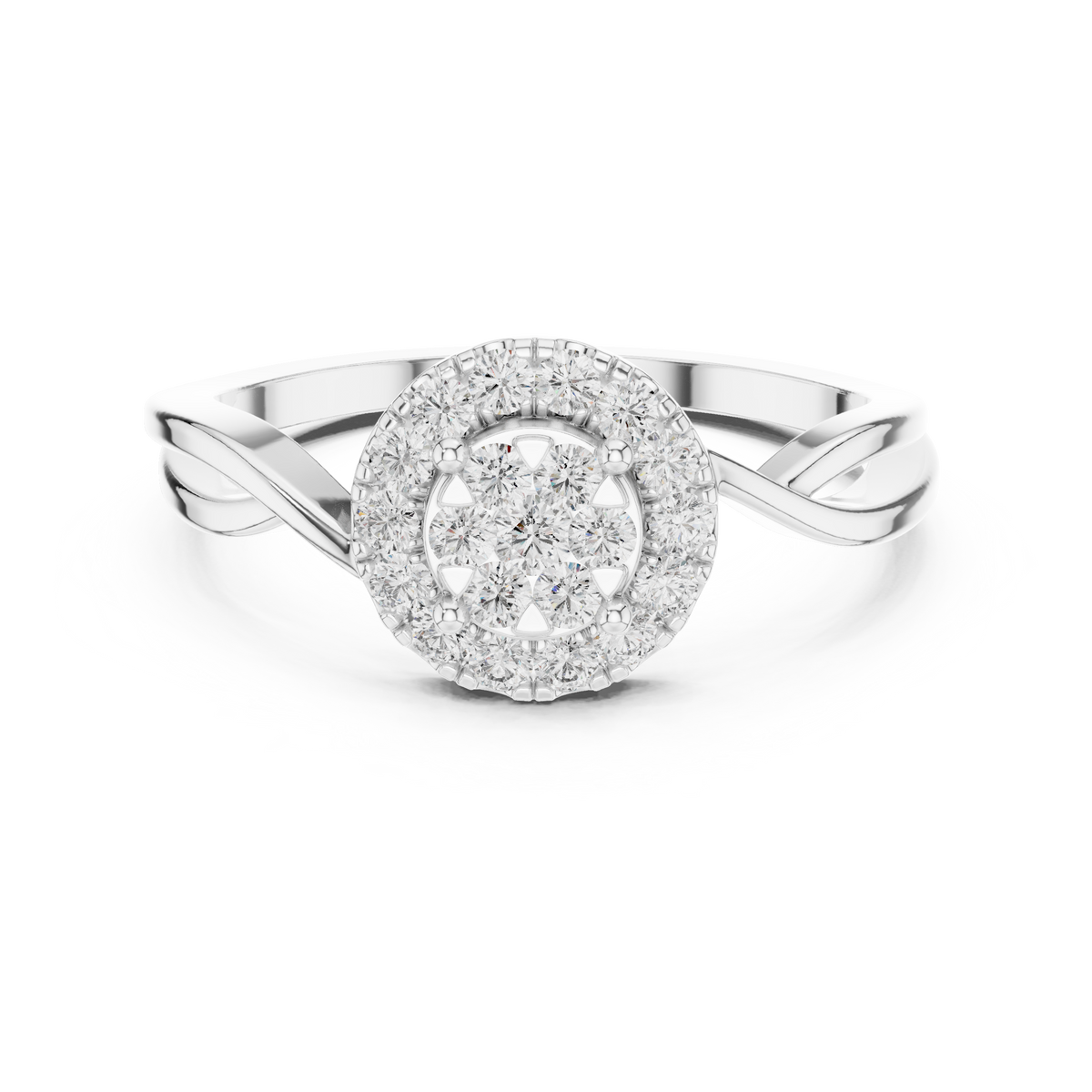 Round Cut Lab Grown Diamond Cluster Halo Ring with Twisted Pavé Band, White Gold