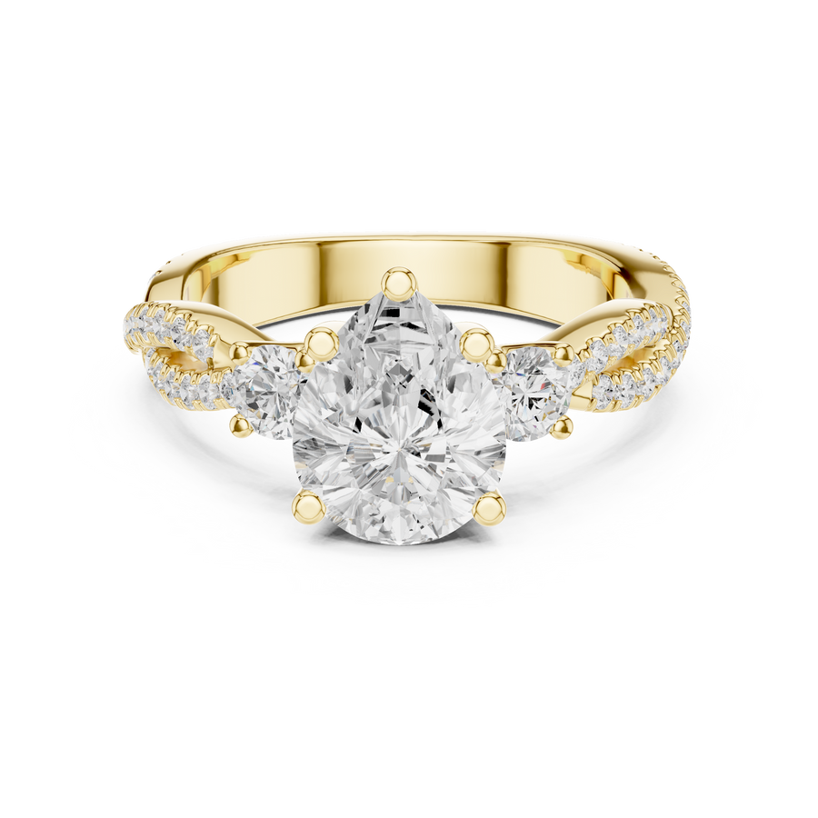 Pear Cut Lab-Grown Diamond 3 Stone Proposal Ring with Twisted Pavé Band, Yellow Gold