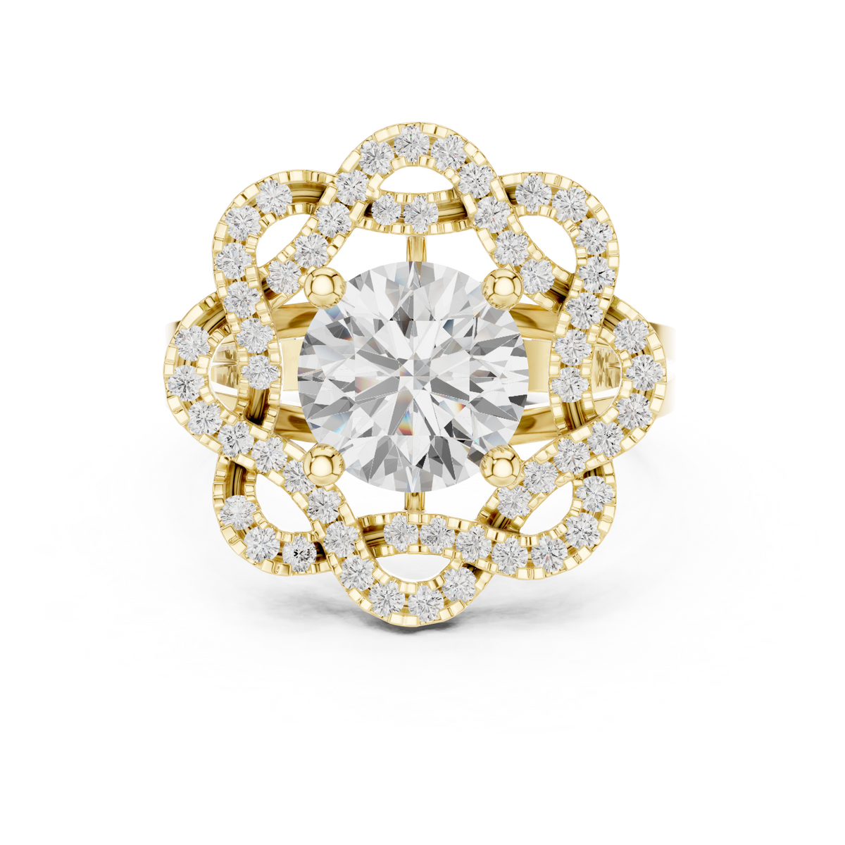 Round Diamond Floral Halo Ring with Split Shank, Yellow Gold