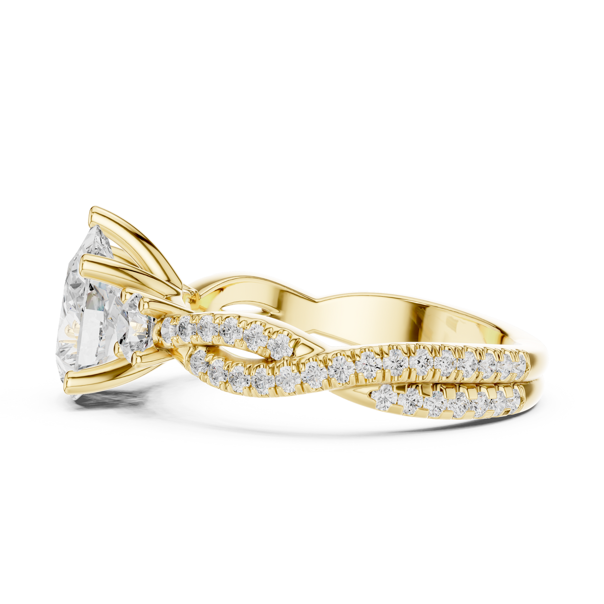 Pear Cut Lab-Grown Diamond 3 Stone Proposal Ring with Twisted Pavé Band, Yellow Gold