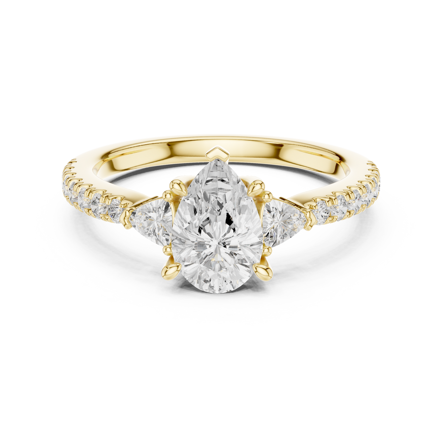 1.5 CT Pear Cut Lab Grown Diamond Three Stone Ring, Yellow Gold