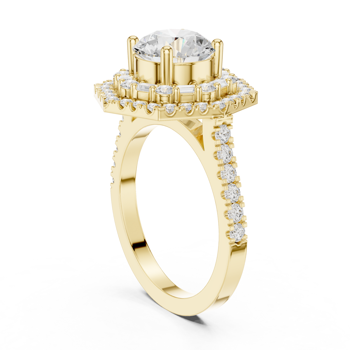 IGI Certified 1.50 Carat Round Cut Lab Grown Diamond Double Halo Baguette Accent Ring, Yellow Gold