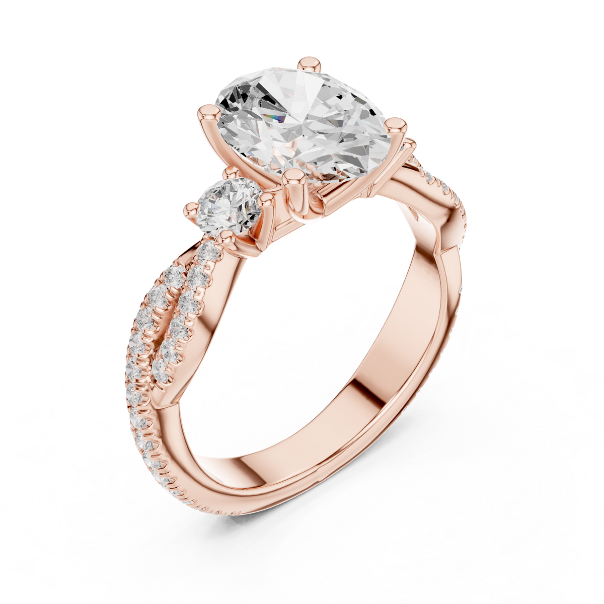 Oval Cut Lab-Grown Diamond 3 Stone Proposal Ring with Twisted Pavé Band, Rose Gold
