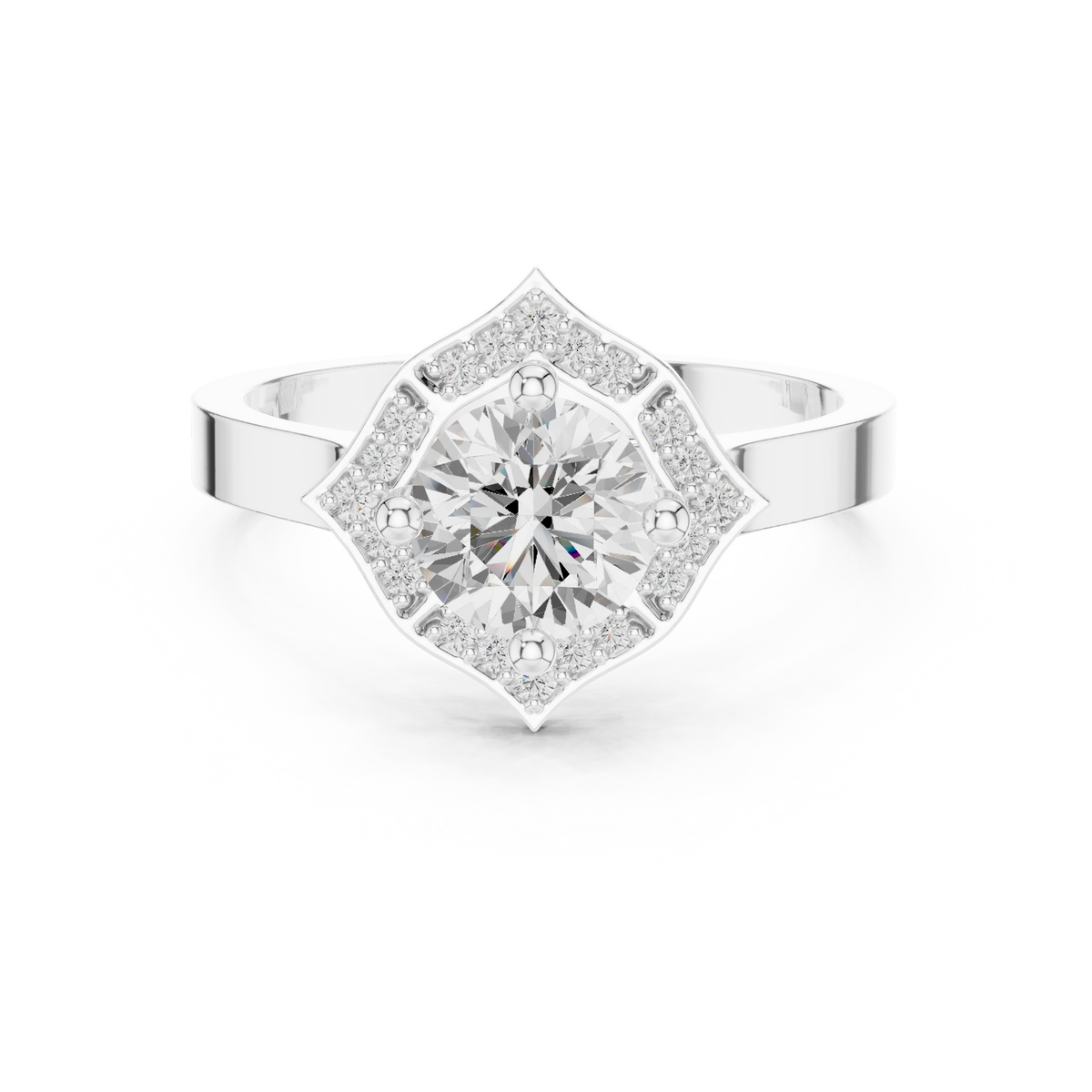 IGI Certified 0.86 Carat Round Cut Lab Grown Diamond Geometric Halo Ring, White Gold