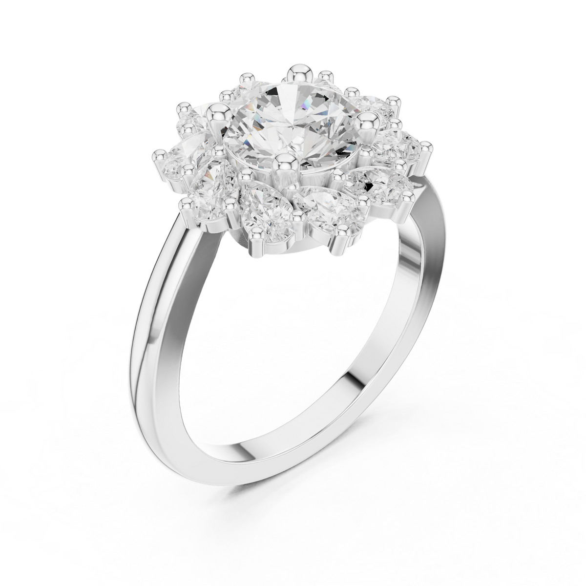 1.50 CT Round Floral Halo Ring with Pear-Shaped Accents, White Gold