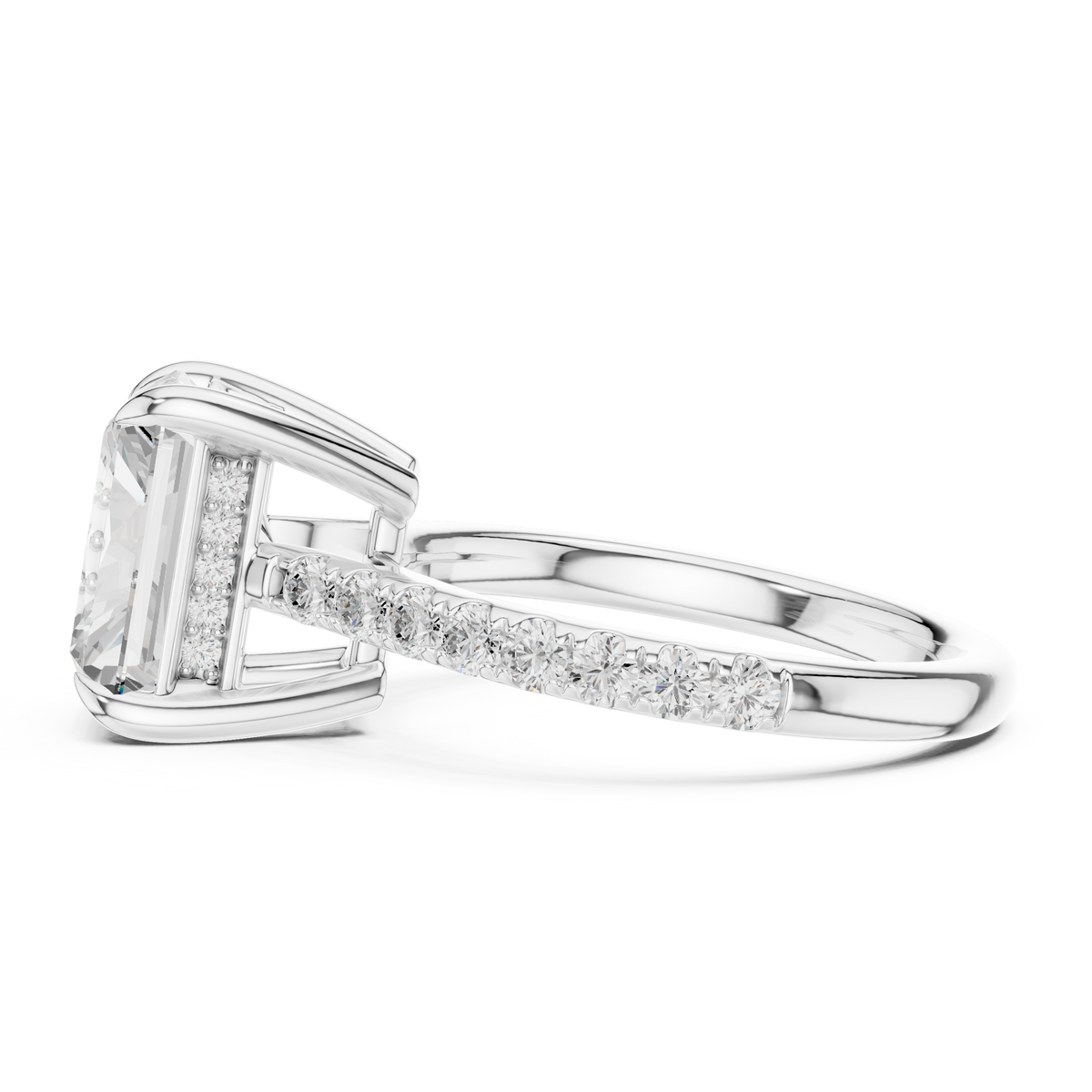 Radiant Cut Lab-Grown Diamond Proposal Ring with Hidden Halo and Pavé Band, White Gold