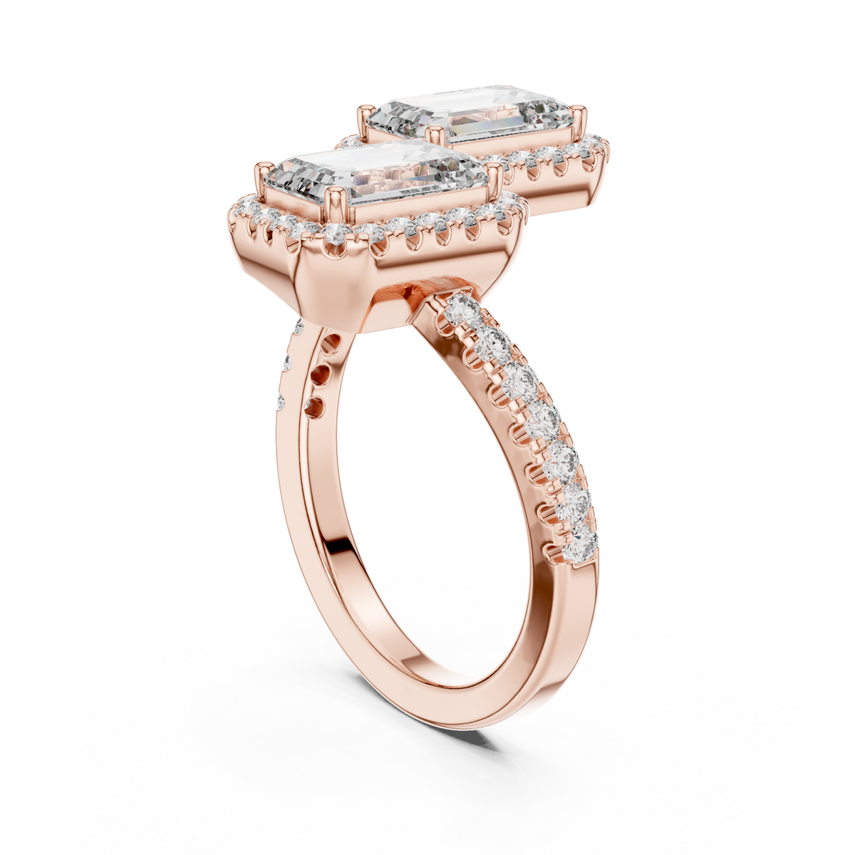 Emerald Cut Lab Grown Diamond Toi et Moi Ring with Round Diamond Halo, Rose Gold