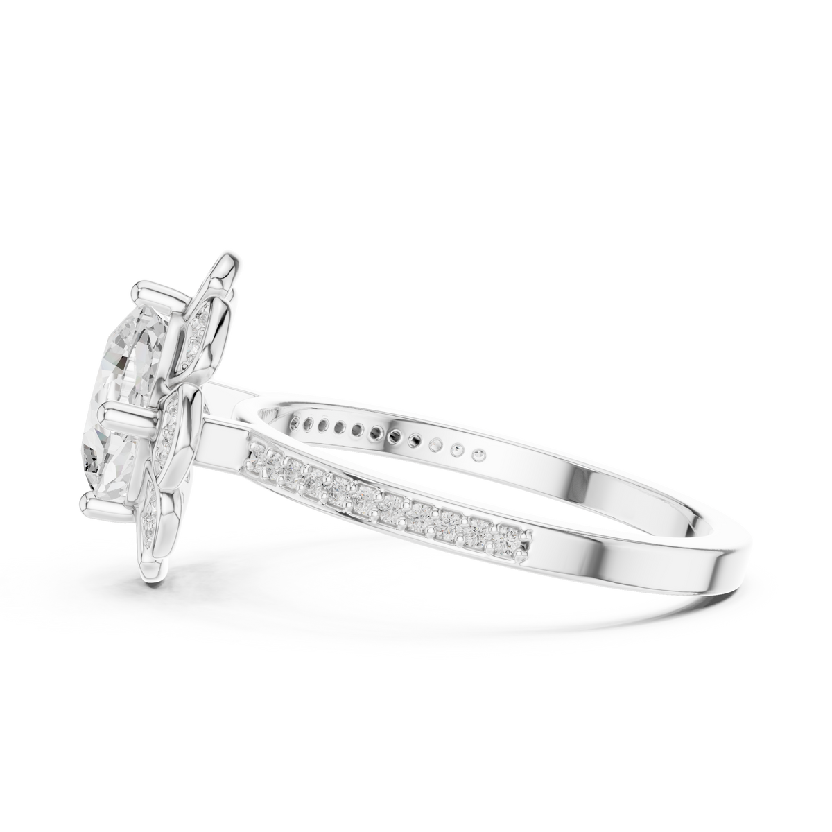 1.50 CT Round Brilliant Lab-Grown Diamond Floral Halo Ring with Pavé Band, White Gold