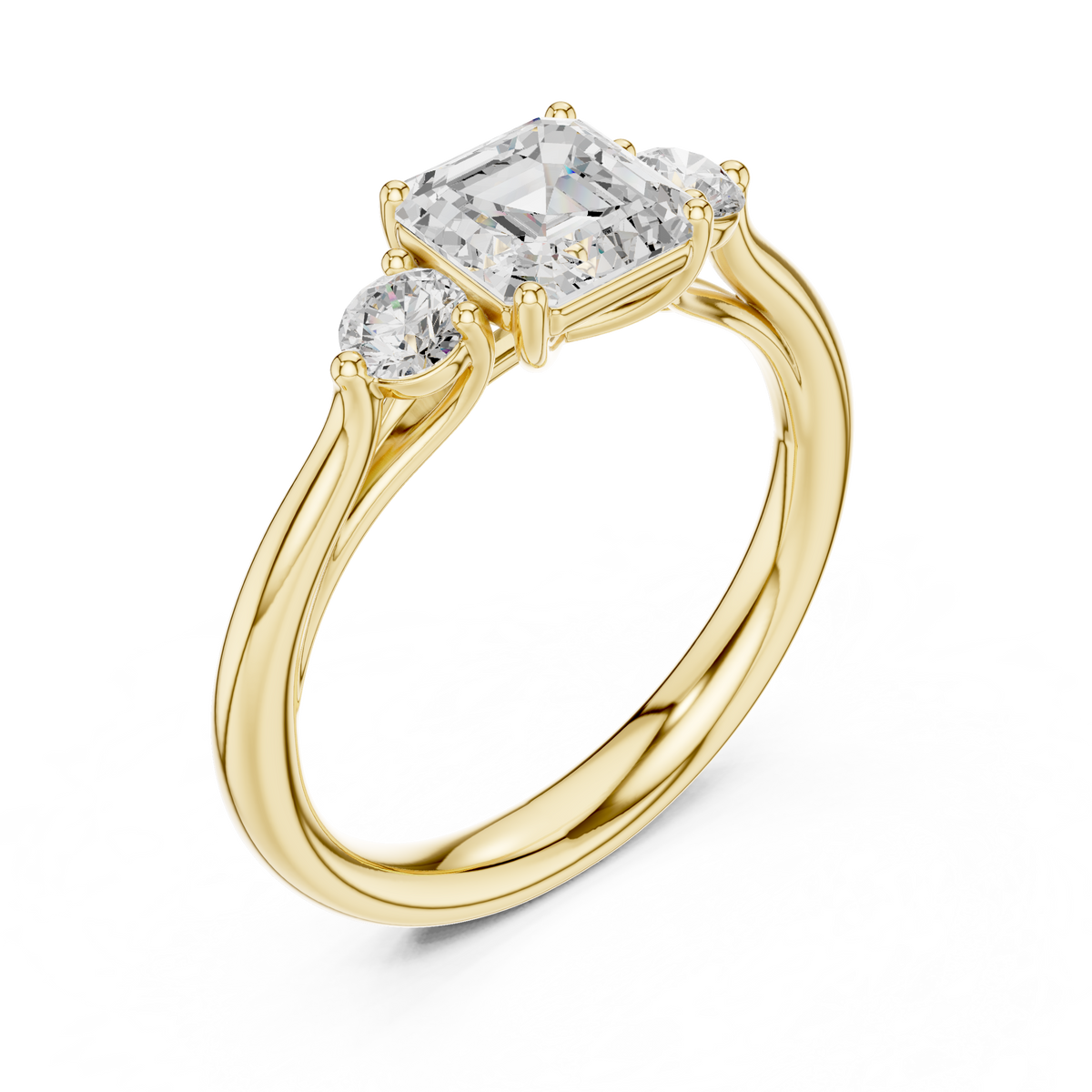 IGI Certified Asscher Cut Lab Grown Diamond Three Stone Ring, Yellow Gold