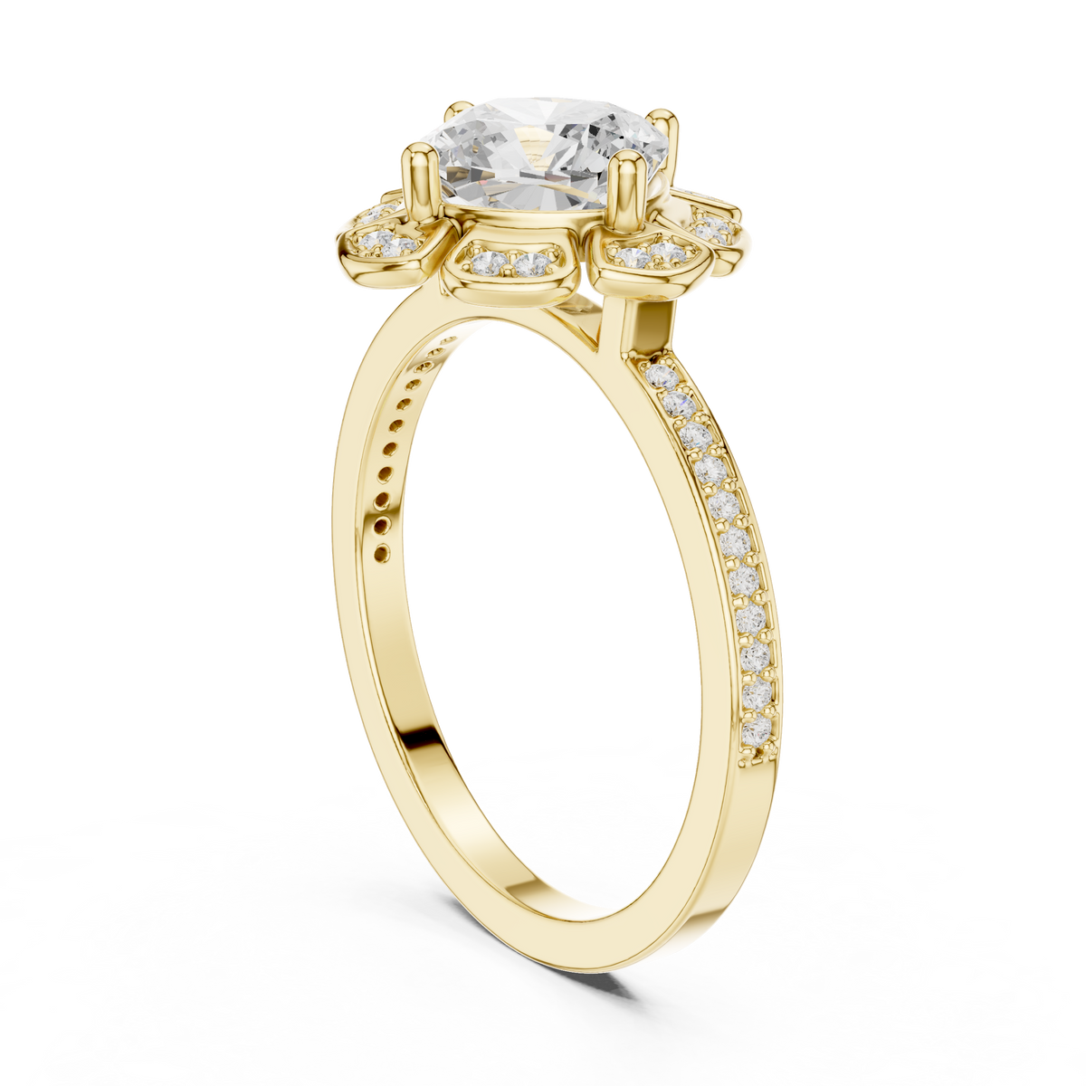 1.50 CT Round Brilliant Lab-Grown Diamond Floral Halo Ring with Pavé Band, Yellow Gold