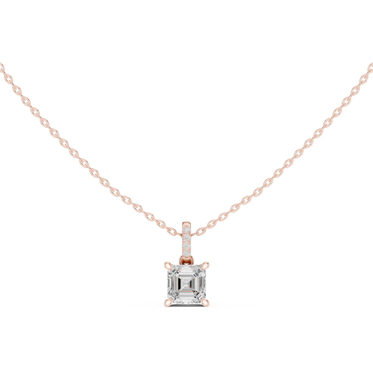 Asscher Cut Lab Grown Diamond Solitaire Pendant with Diamond Bail Necklace, Rose Gold