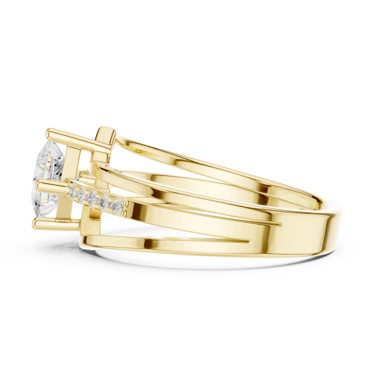 Princess Cut Lab Grown Diamond Solitaire Ring with Round Diamond Accents, Yellow Gold