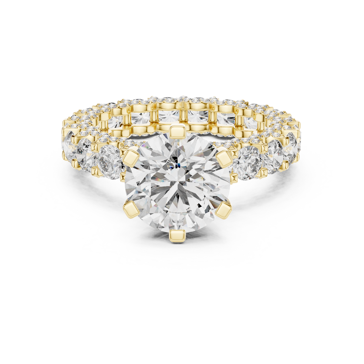 2 CT Round Cut Lab Grown Diamond Pavé Band Ring with Diamond-Set Shoulders, Yellow Gold