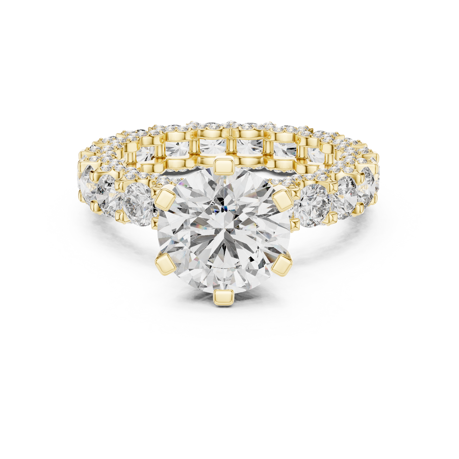 2 CT Round Cut Lab Grown Diamond Pavé Band Ring with Diamond-Set Shoulders, Yellow Gold