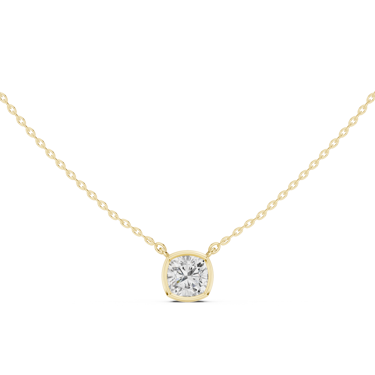 Cushion Cut Bezel Lab Grown Diamond Solitaire Pendant, Yellow Gold