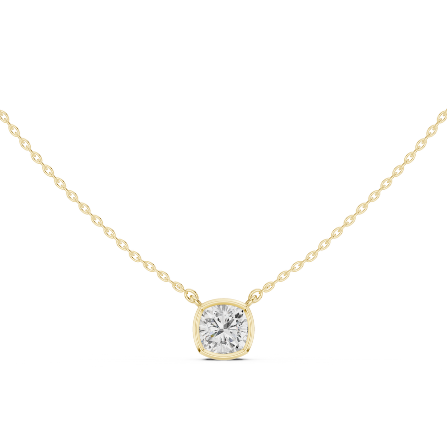 Cushion Cut Bezel Lab Grown Diamond Solitaire Pendant, Yellow Gold