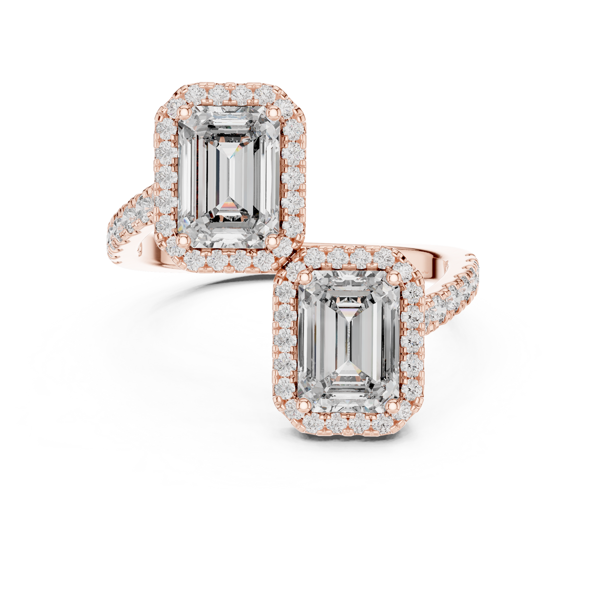 Emerald Cut Lab Grown Diamond Toi et Moi Ring with Round Diamond Halo, Rose Gold