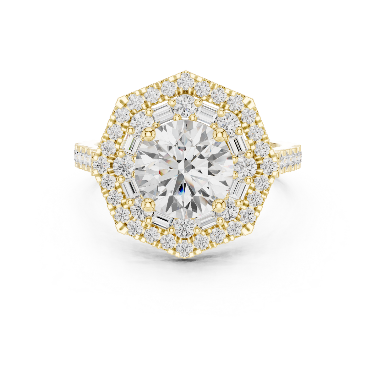 IGI Certified 1.50 Carat Round Cut Lab Grown Diamond Double Halo Baguette Accent Ring, Yellow Gold