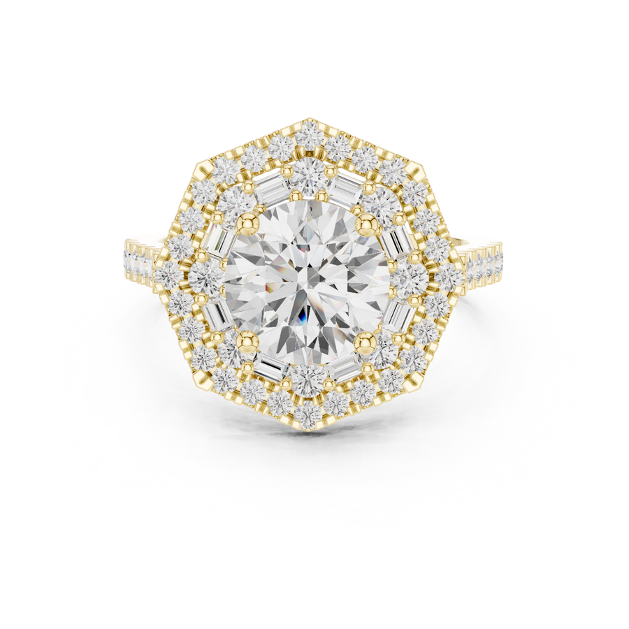 IGI Certified 1.50 Carat Round Cut Lab Grown Diamond Double Halo Baguette Accent Ring, Yellow Gold