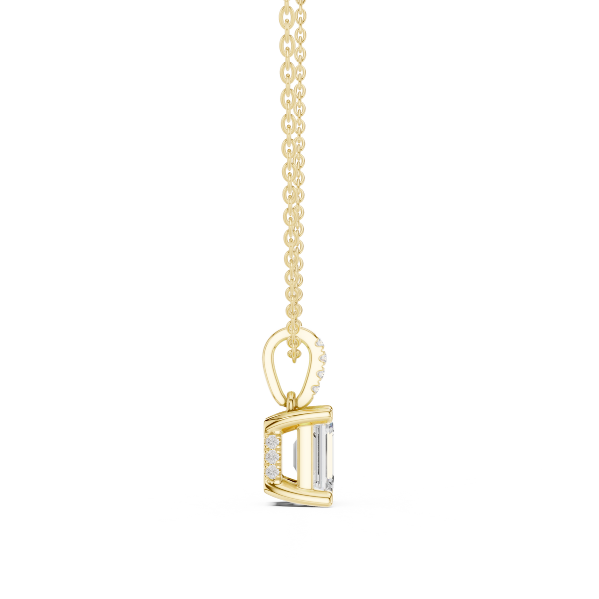 Emerald Cut Lab Grown Diamond Solitaire Pendant with Diamond Bail Necklace, Yellow Gold