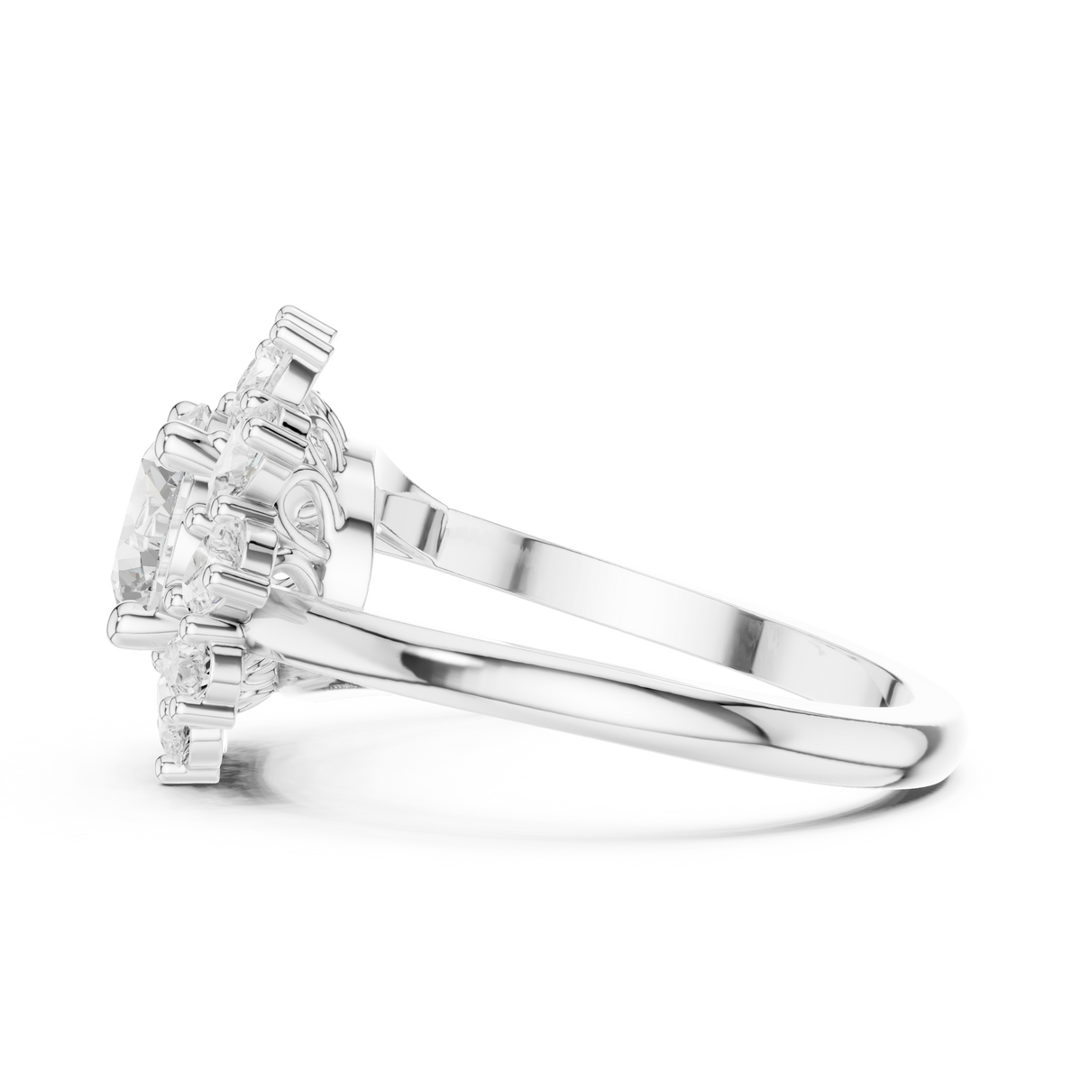 1.50 CT Round Floral Halo Ring with Pear-Shaped Accents, White Gold
