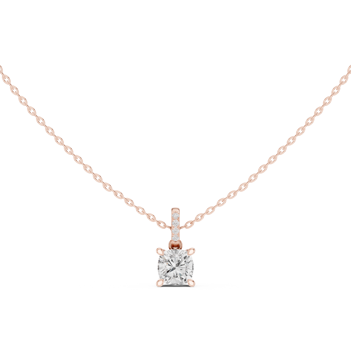 Cushion Cut Lab Grown Diamond Solitaire Pendant with Diamond Bail Necklace, Rose Gold