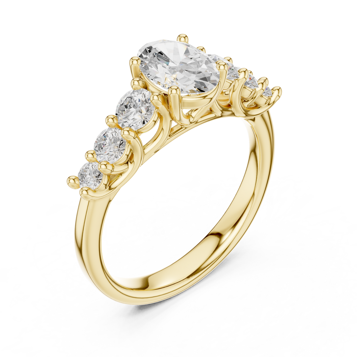 IGI Certified Oval Lab Grown Diamond With 6 Round Stones, Yellow Gold
