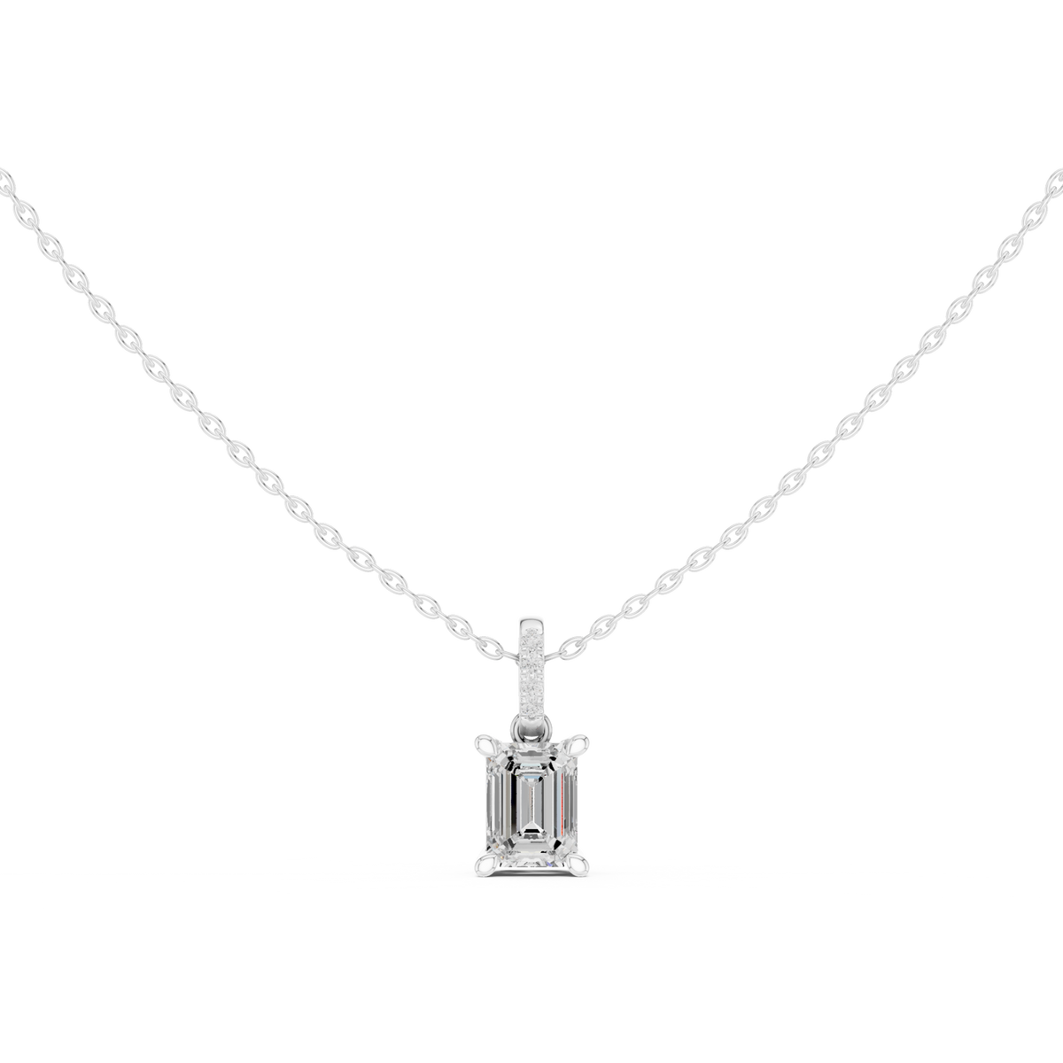 Emerald Cut Lab Grown Diamond Solitaire Pendant with Diamond Bail Necklace, White Gold