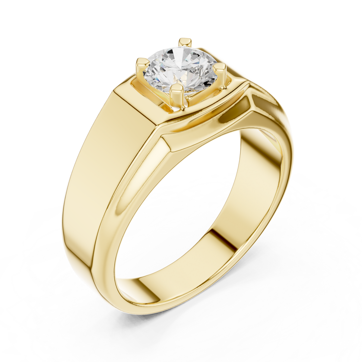 IGI Certified Round Cut Lab-Grown Diamond Men's Prong-Set Ring, Yellow Gold