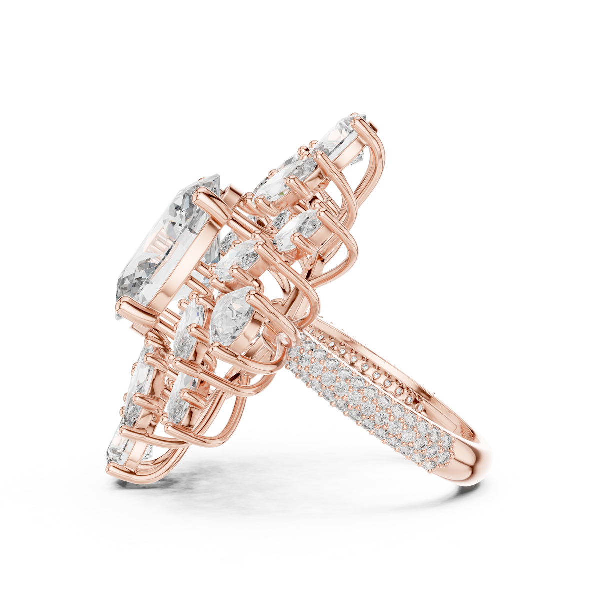 4 CT Oval Cut Floral Cluster Diamond Ring with Marquise & Pear Side Stones, Rose Gold