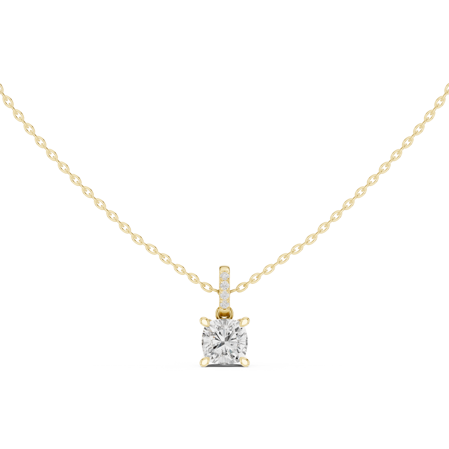 Cushion Cut Lab Grown Diamond Solitaire Pendant with Diamond Bail Necklace, Yellow Gold