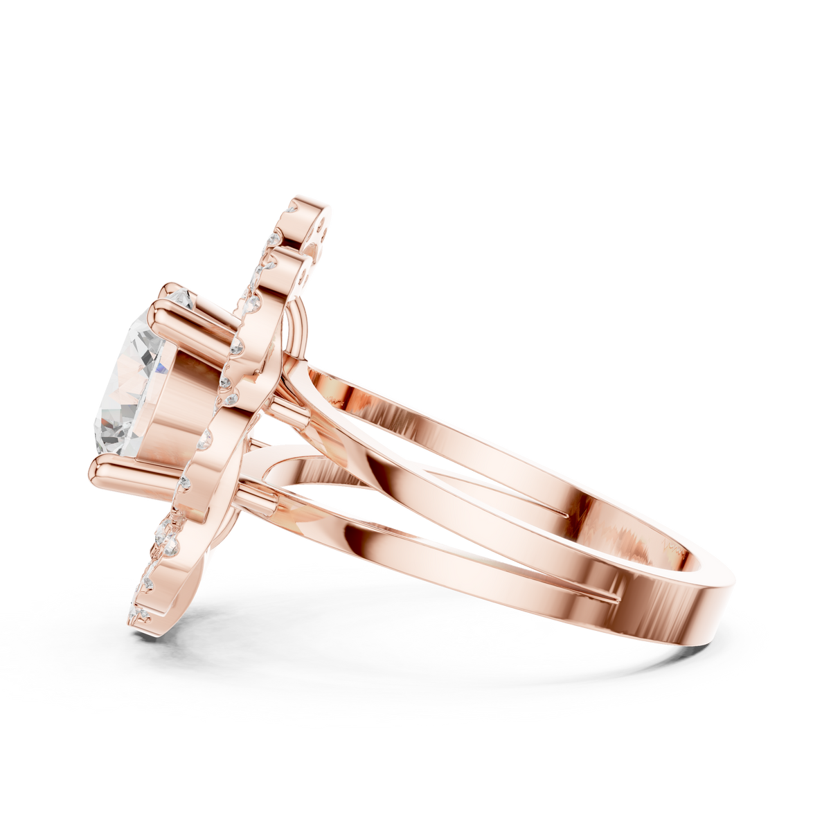 Round Diamond Floral Halo Ring with Split Shank, Rose Gold
