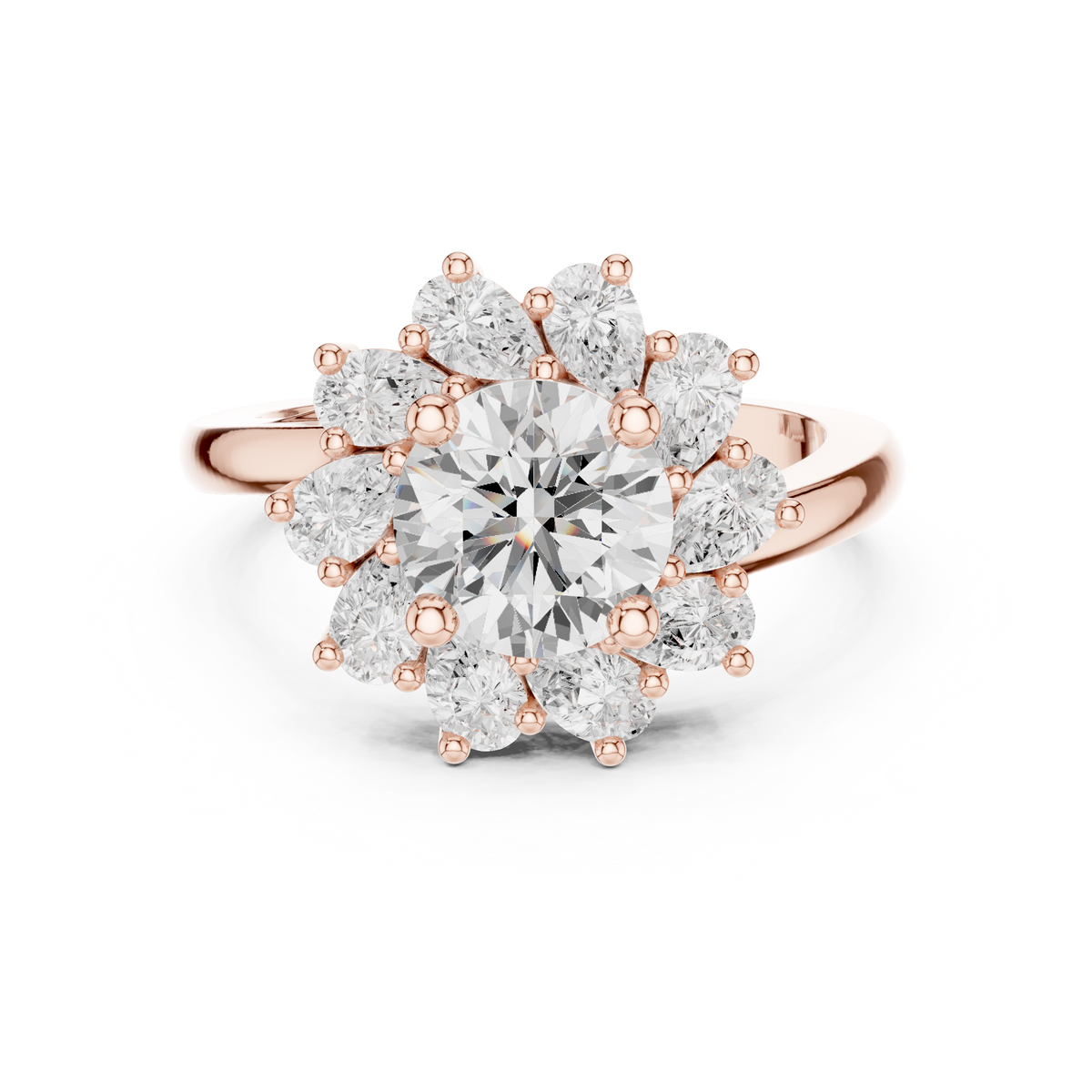1.50 CT Round Floral Halo Ring with Pear-Shaped Accents, Rose Gold
