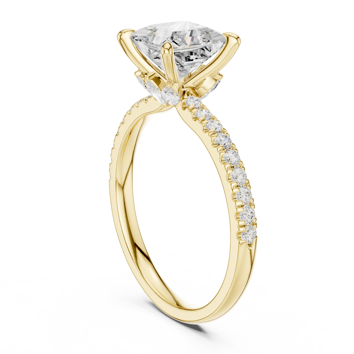 Princess Cut Lab-Grown Diamond Anniversary Ring with Hidden Halo and Pavé Band, Yellow Gold