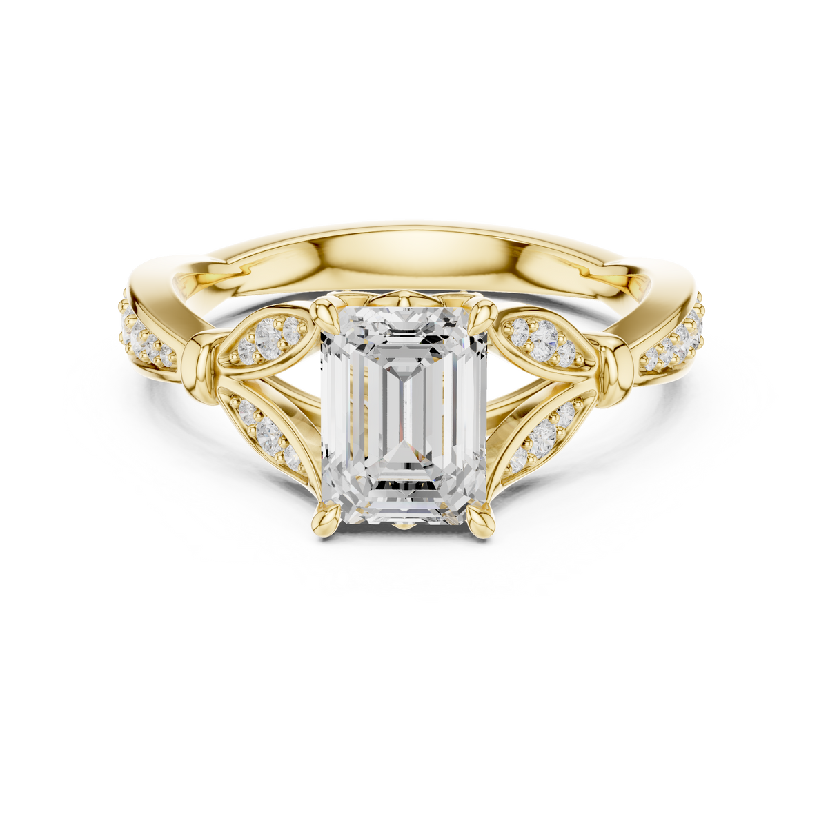 1.50 CT Emerald Cut Lab-Grown Diamond Leaf Twist Ring, Yellow Gold