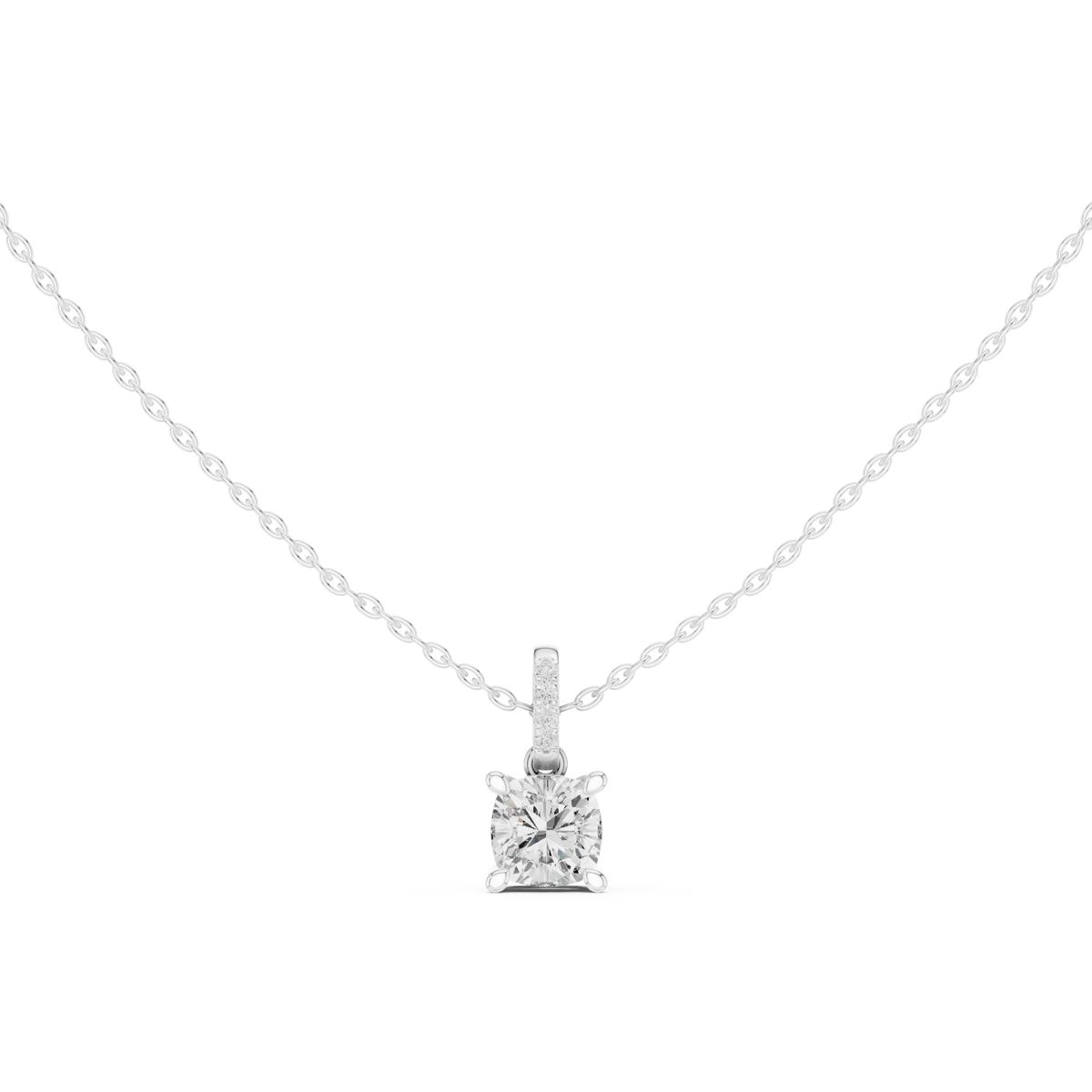 Cushion Cut Lab Grown Diamond Solitaire Pendant with Diamond Bail Necklace, White Gold