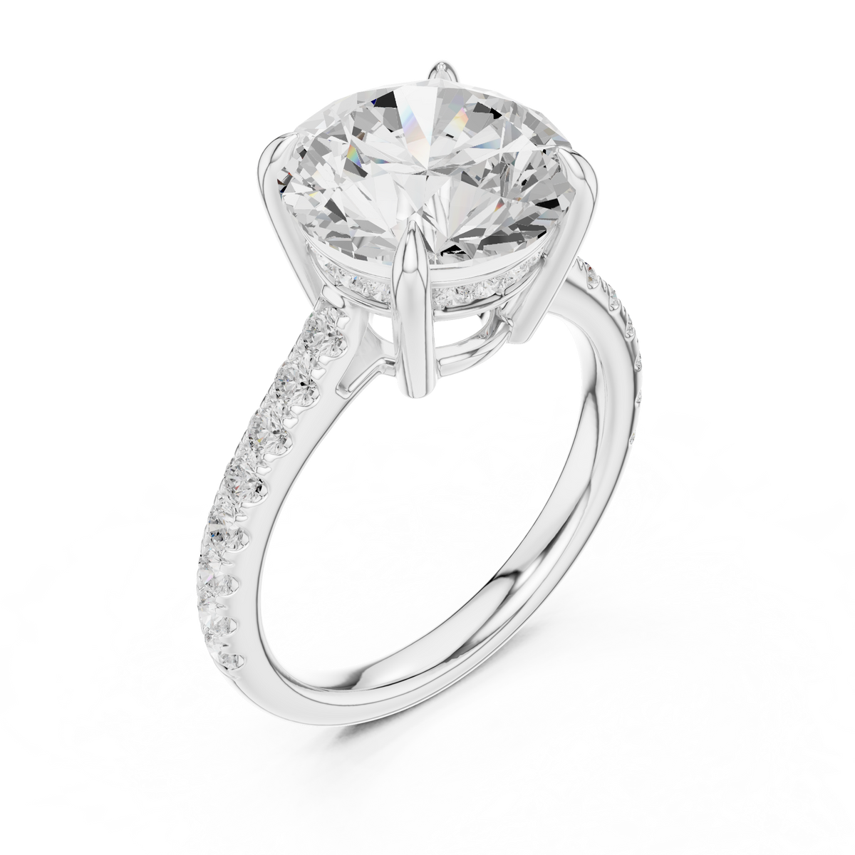 Round Cut Lab-Grown Diamond Proposal Ring with Hidden Halo and Pavé Band, White Gold