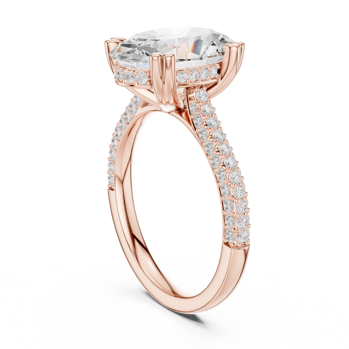 4.00 CT Oval Lab Grown Diamond Hidden Halo Ring with Pavé Band, Rose Gold