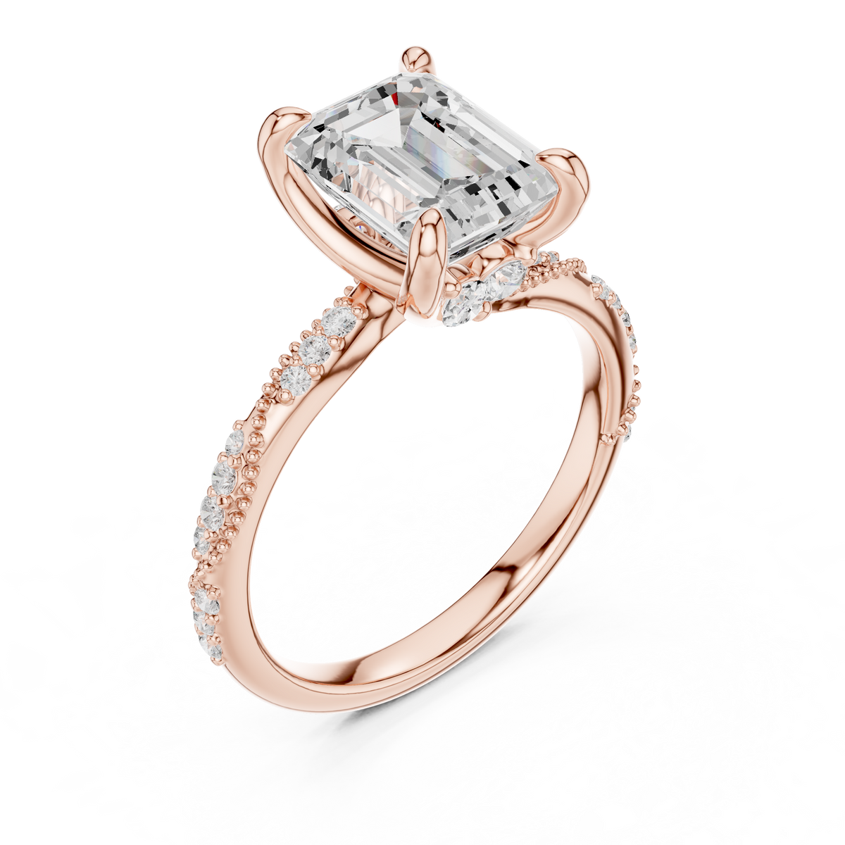 Emerald Cut Lab-Grown Diamond Engagement Ring with Marquise and Pavé Accent Band, Rose Gold