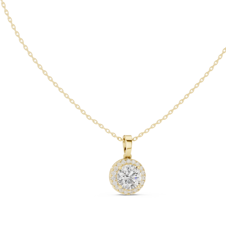 IGI Certified 2 Carat Round Halo Lab Grown Diamond Pendant, Yellow Gold